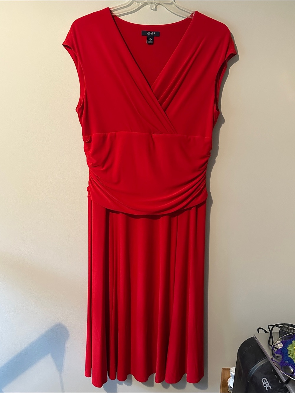 Chaps Bright Red V-Neck Ruched Waist Midi Dress sz XL